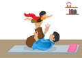 The boy depicted the plane with his arms extended and supported on his father`s legs. Cartoon Vector Image