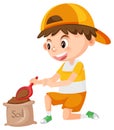 Boy digging the soil on white background