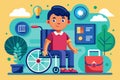 A boy with a disability seated in a wheelchair, holding a suitcase, Disabled student Customizable Disproportionate Illustration