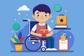 A boy with a disability sits in a wheelchair, engaging with a tablet, Disabled student Customizable Disproportionate Illustration