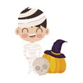 boy disguised as a mummy with icons halloween