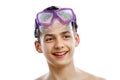Boy diver in swimming mask with a happy face close-up portrait, isolated on white Royalty Free Stock Photo