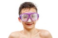 Boy diver in swimming mask with a happy face close-up portrait, isolated on white Royalty Free Stock Photo