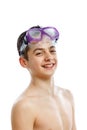 Boy diver in swimming mask with a happy face close-up portrait, isolated on white Royalty Free Stock Photo