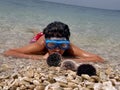 Boy, diving mask, sea urchins