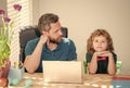 boy do homework with teacher. webinar video lesson. online education on laptop. Royalty Free Stock Photo