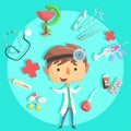 Boy Doctor, Kids Future Dream Professional Occupation Illustration With Related To Profession Objects