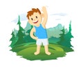 The boy does sports exercises in the fresh air. Mountain landscape and forest in the background. Outdoors activity