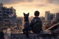 Teenager sitting with a pet, rear view. A boy with a dog against the background of destroyed houses. Concept: childhood amidst war