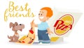 Boy and dog eat pizza. Illustration for internet and mobile website