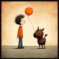 Boy And Dog Holding Balloon: Comic Art Style Illustration