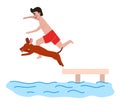 Boy and dog jumping into water off a dock, summer fun, joyful play with pet. Child and animal enjoying a swim, playful Royalty Free Stock Photo