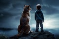 boy and dog looking the moon in the sky, AI generated Royalty Free Stock Photo