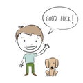 boy and dog waiting and say good luck for goodbye hand drawn vector