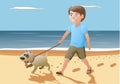 Boy and dog walking on