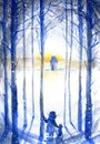 Boy with dog in winter forest.Landscape.Snowy pine silhouette tree with sun light. Royalty Free Stock Photo