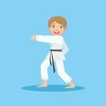 Boy Doing Fist Kick In White Kimono On Karate Martial Art Sports Training Cute Smiling Cartoon Character Royalty Free Stock Photo