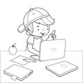 Boy doing his homework on the computer. Vector black and white coloring page Royalty Free Stock Photo