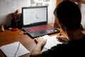 A child in front of a computer. The boy is doing homework. Distance learning in quarantine. The view from the back Royalty Free Stock Photo