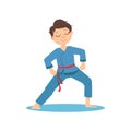 Boy Doing Meditative Tai Chi Exercise In Blue Kimono On Karate Martial Art Sports Training Cute Smiling Cartoon Royalty Free Stock Photo