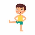 Boy doing morning sport exercises flat vector illustration. Young male cartoon character standing, raising leg. Royalty Free Stock Photo