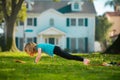 Boy is doing push up exercise. Gym workout. Child sportsman, childhood activity. Kids sport and Fitness. Kid pushing up. Royalty Free Stock Photo