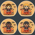 Vector illustration of Dracula sitting on couch with basket candy cartoon characters.