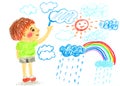 Boy drawing cloud sun and rainbow ` oil pastel illustration