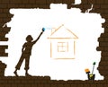 Boy draws the house by paint brash on the old broken brick wall, protect homeless children concept, home dream idea Royalty Free Stock Photo