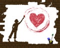 Boy draws a red heart by paint on the old broken brick wall, life after war, new life after disaster idea, protect Royalty Free Stock Photo