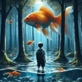 boy dream goldfish forest