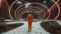 The boy dreams that he is an astronaut and walks through the park at night, and different planets are visible around him Royalty Free Stock Photo