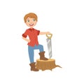 Boy Dressed As Lumberjack Holding A Saw