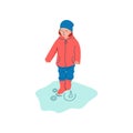 Boy Dressed in Seasonal Clothes Playing in Puddle, Spring Season Outdoor Activities Vector Illustration Royalty Free Stock Photo