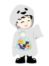 A boy dressed up as a ghost and getting sweets. Halloween illustration