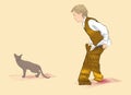 Boy is dressing trousers. A boy and a cat. Illustration of Boy Dressing