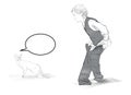 Boy is dressing trousers. A boy and a cat. Illustration of Boy Dressing