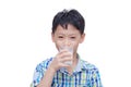 Boy drinking milk over white