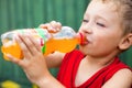 Boy drinking unhealthy bottled soda