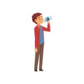 Boy Drinking Water from Plastic Bottle, Kid Enjoying Drinking of Fresh Clean Water Vector Illustration Royalty Free Stock Photo