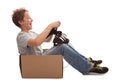 Boy-driver of a cardboard box Royalty Free Stock Photo