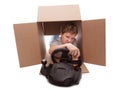 Boy-driver of a cardboard box Royalty Free Stock Photo