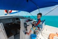 Boy drives catamaran Royalty Free Stock Photo