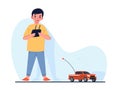 Boy drives remote controlled toy car. Little wireless automobile with antenna, child hold with joystick in hands. Kid