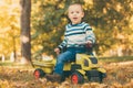 Boy driving a toy truck in park outdoors Royalty Free Stock Photo