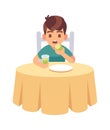 Boy eating. Cute hungry cartoon kid eats tasty dinner or breakfast vector food illustration