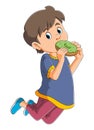 The boy is eating donut while jumping Royalty Free Stock Photo