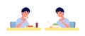 Boy eating. Home breakfast, healthy vs unhealthy food. Toddler at table, vitamine or fast food lunch. Hungry child utter Royalty Free Stock Photo