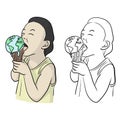 Boy eating planet earth as melting ice cream vector illustration sketch doodle hand drawn with black lines isolated on white