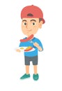 Boy eating sausage and fried egg for breakfast. Royalty Free Stock Photo